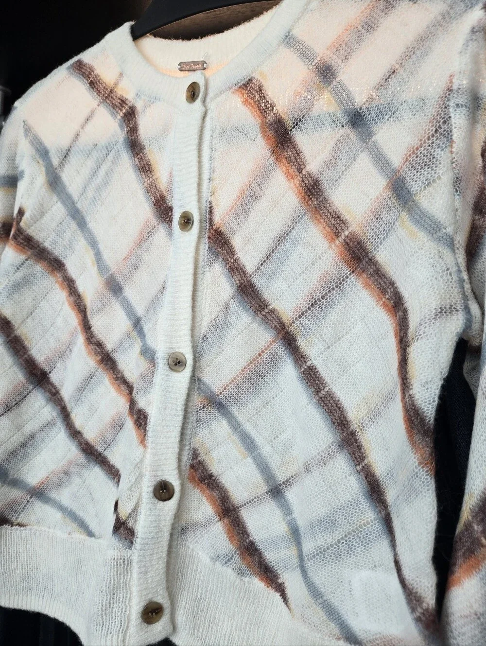 Free People Cream Plaid Cropped Cardigan with Brown and Gray Checks